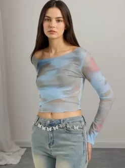 Off Shoulder Tie Dye Mesh Long Sleeve Crop Top Sheer See Through Slim Fitted Club Tee