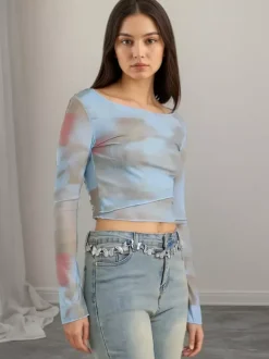 Off Shoulder Tie Dye Mesh Long Sleeve Crop Top Sheer See Through Slim Fitted Club Tee