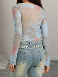 Off Shoulder Tie Dye Mesh Long Sleeve Crop Top Sheer See Through Slim Fitted Club Tee