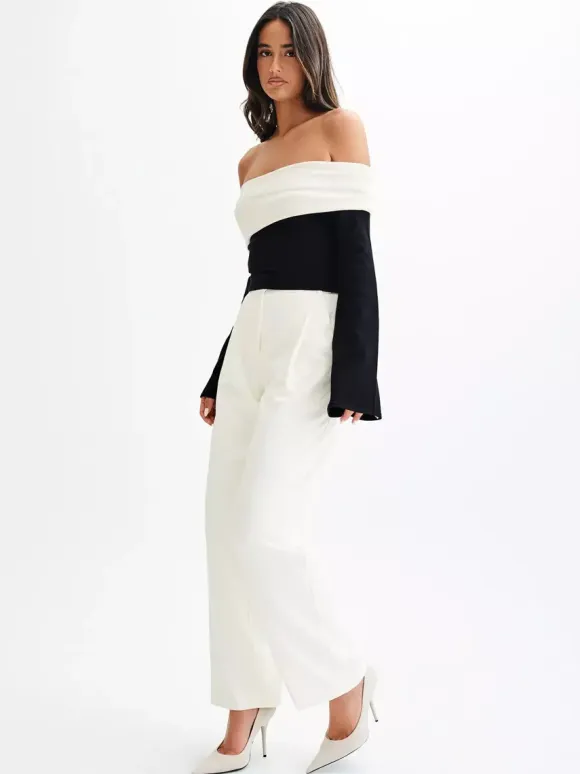 Off Shoulder Two Tone Color Block Knit Long Sleeve Top For Women 2026