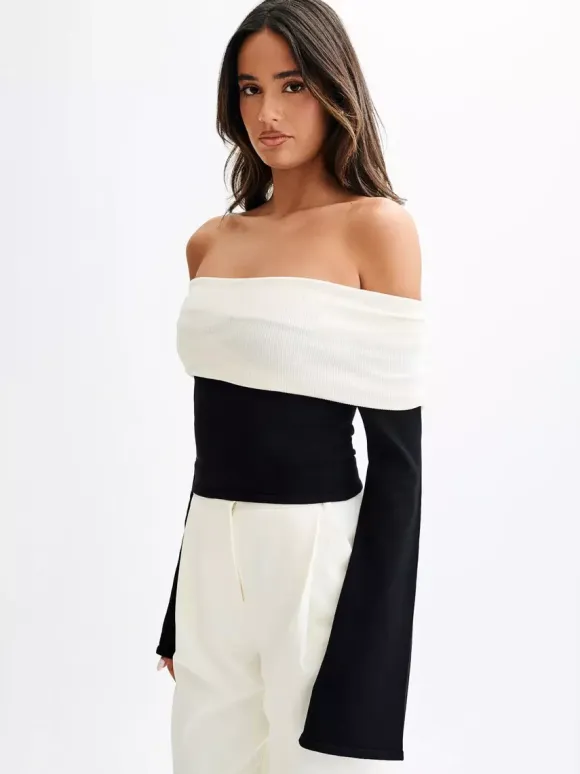 Off Shoulder Two Tone Color Block Knit Long Sleeve Top For Women 2026