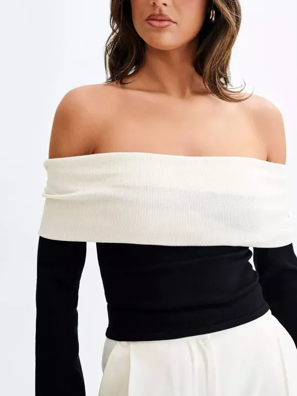 Off Shoulder Two Tone Color Block Knit Long Sleeve Top For Women 2026