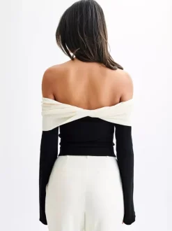 Off Shoulder Two Tone Color Block Knit Long Sleeve Top For Women 2026