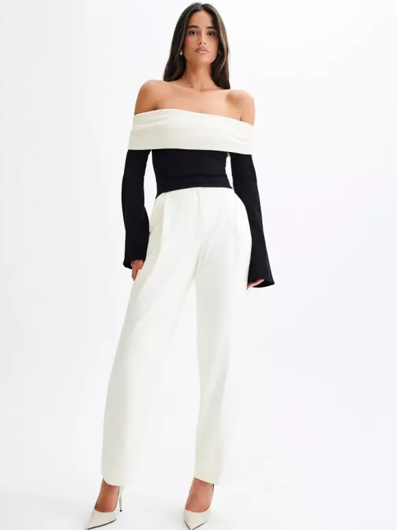 Off Shoulder Two Tone Color Block Knit Long Sleeve Top For Women 2026