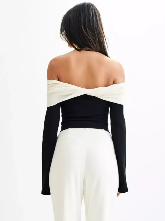 Off Shoulder Two Tone Color Block Knit Long Sleeve Top For Women 2026