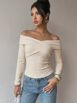 Off-the-Shoulder Cross Wrap Long Sleeve Slim Knit Top Elegant Y2K Basic Shirt