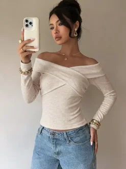 Off-the-Shoulder Cross Wrap Long Sleeve Slim Knit Top Elegant Y2K Basic Shirt