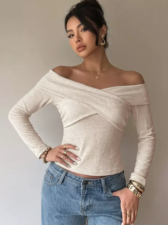 Off-the-Shoulder Cross Wrap Long Sleeve Slim Knit Top Elegant Y2K Basic Shirt