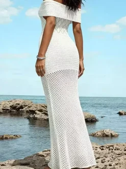 Off-the-Shoulder Hollow Knit Mesh Mermaid Beach Cover Up Dress