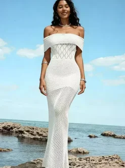 Off-the-Shoulder Hollow Knit Mesh Mermaid Beach Cover Up Dress