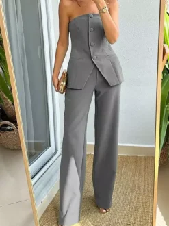 Off The Shoulder Top And Wide Leg Bottoms 2 Pieces Set
