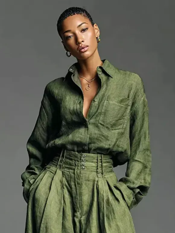 Olive Green 2 Piece Set For Women - Button Down Shirt And Retro High Waist Wide Leg Trouser - Spring Office Casual 2026