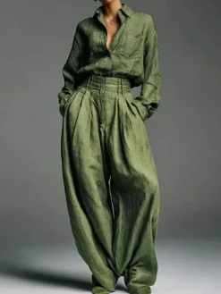 Olive Green 2 Piece Set For Women - Button Down Shirt And Retro High Waist Wide Leg Trouser - Spring Office Casual 2026