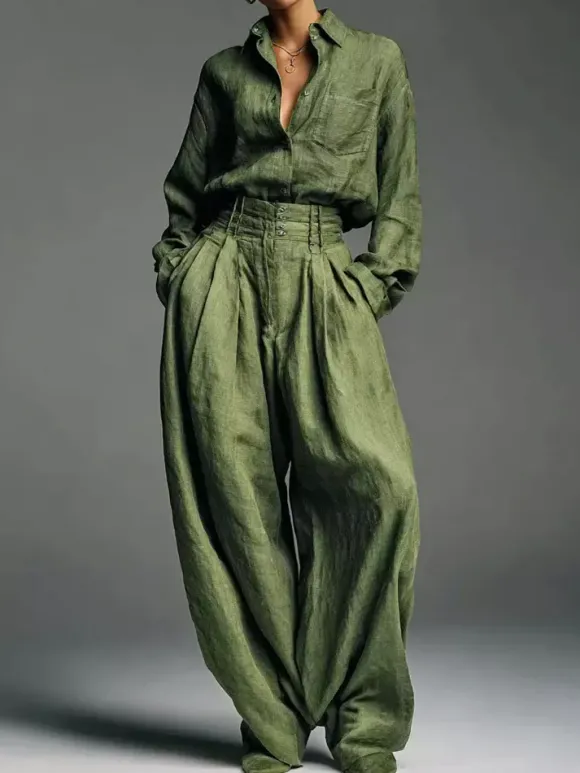 Olive Green 2 Piece Set For Women - Button Down Shirt And Retro High Waist Wide Leg Trouser - Spring Office Casual 2026
