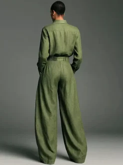 Olive Green 2 Piece Set For Women - Button Down Shirt And Retro High Waist Wide Leg Trouser - Spring Office Casual 2026