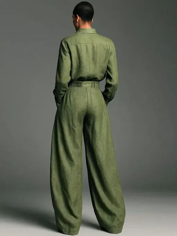 Olive Green 2 Piece Set For Women - Button Down Shirt And Retro High Waist Wide Leg Trouser - Spring Office Casual 2026