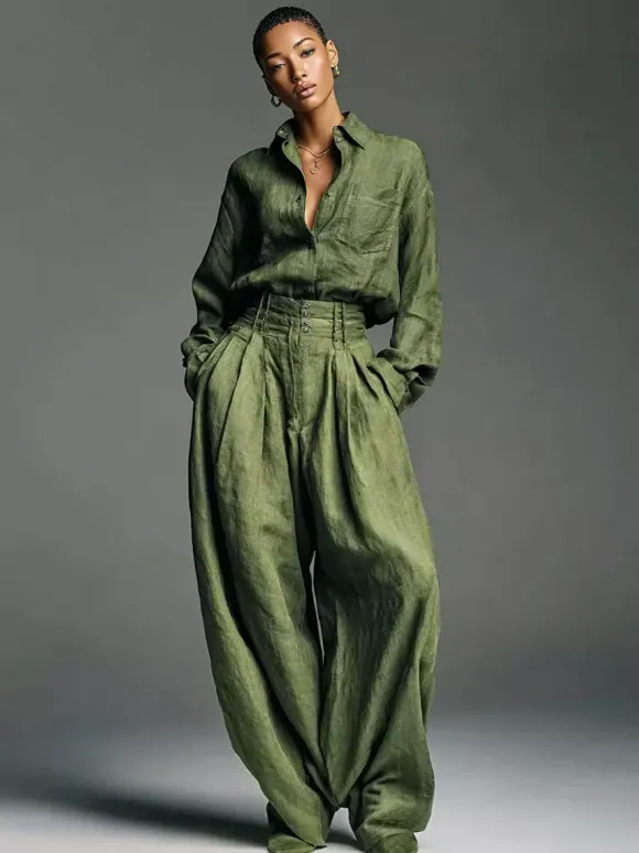 Olive Green 2 Piece Set For Women - Button Down Shirt And Retro High Waist Wide Leg Trouser - Spring Office Casual 2026