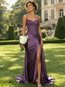 Olive Green Satin Mermaid Prom Dress Spaghetti Strap Beaded Sheer Corset High Slit Long Evening Gown