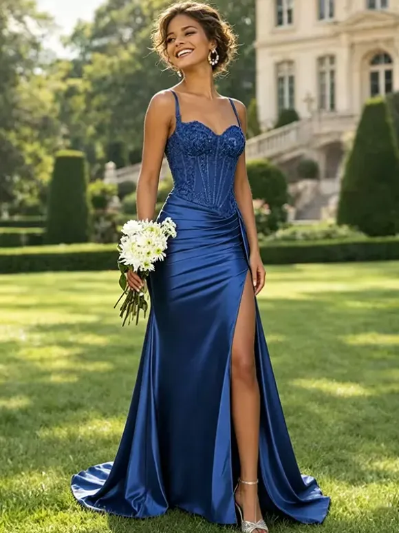 Olive Green Satin Mermaid Prom Dress Spaghetti Strap Beaded Sheer Corset High Slit Long Evening Gown
