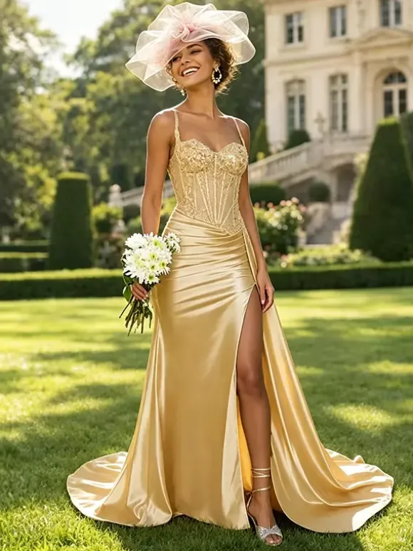 Olive Green Satin Mermaid Prom Dress Spaghetti Strap Beaded Sheer Corset High Slit Long Evening Gown