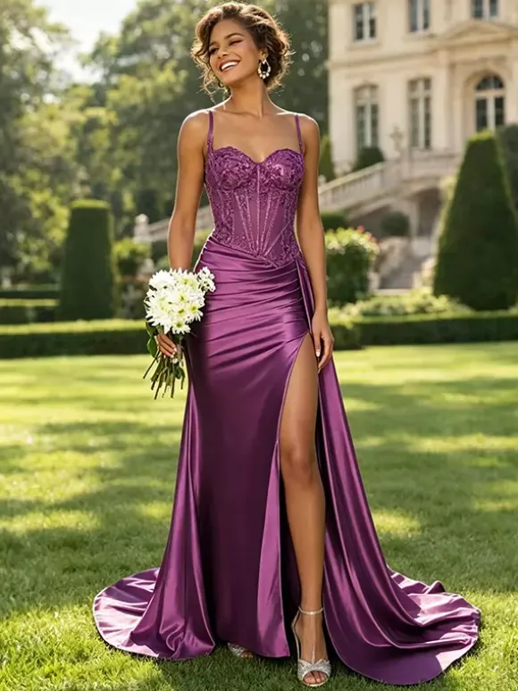 Olive Green Satin Mermaid Prom Dress Spaghetti Strap Beaded Sheer Corset High Slit Long Evening Gown