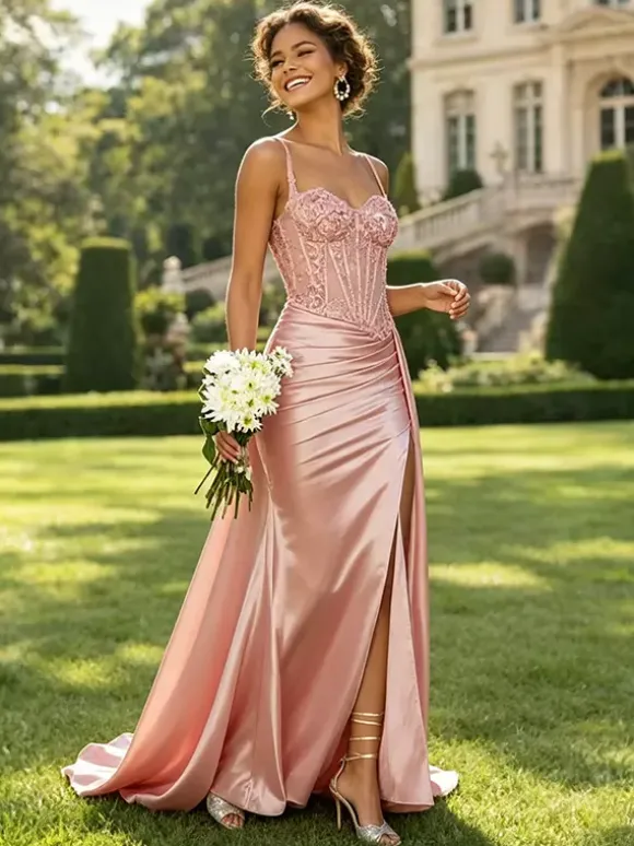 Olive Green Satin Mermaid Prom Dress Spaghetti Strap Beaded Sheer Corset High Slit Long Evening Gown