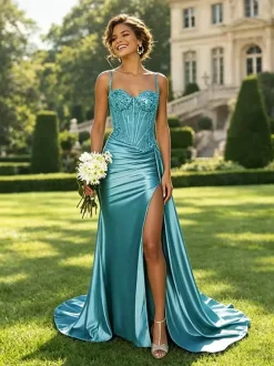 Olive Green Satin Mermaid Prom Dress Spaghetti Strap Beaded Sheer Corset High Slit Long Evening Gown