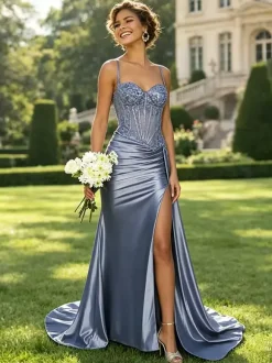 Olive Green Satin Mermaid Prom Dress Spaghetti Strap Beaded Sheer Corset High Slit Long Evening Gown