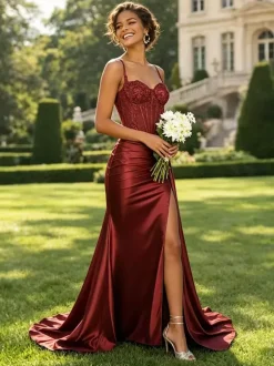 Olive Green Satin Mermaid Prom Dress Spaghetti Strap Beaded Sheer Corset High Slit Long Evening Gown