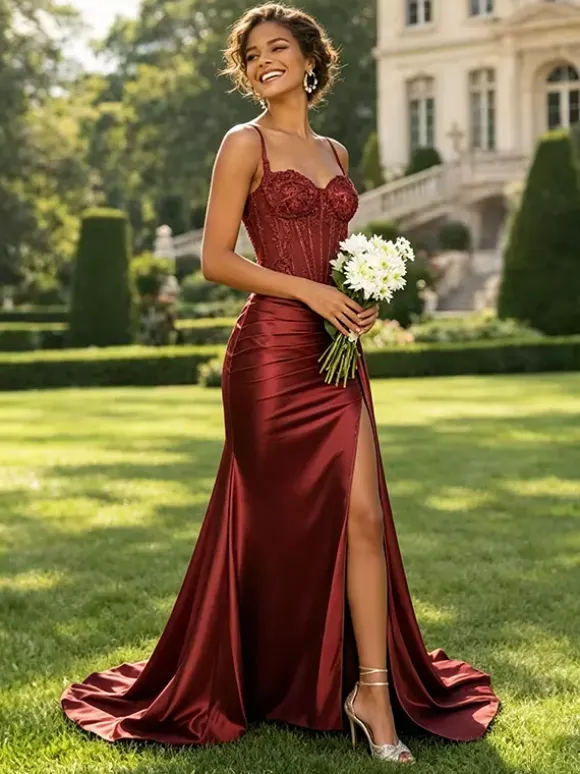Olive Green Satin Mermaid Prom Dress Spaghetti Strap Beaded Sheer Corset High Slit Long Evening Gown