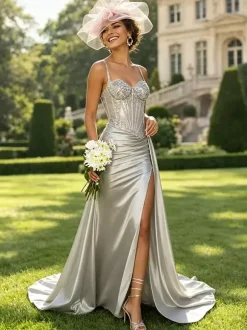 Olive Green Satin Mermaid Prom Dress Spaghetti Strap Beaded Sheer Corset High Slit Long Evening Gown