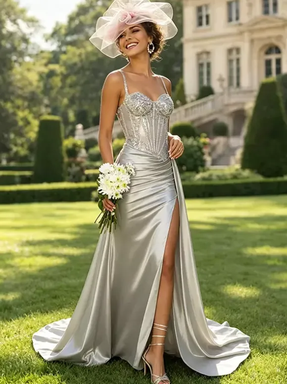 Olive Green Satin Mermaid Prom Dress Spaghetti Strap Beaded Sheer Corset High Slit Long Evening Gown