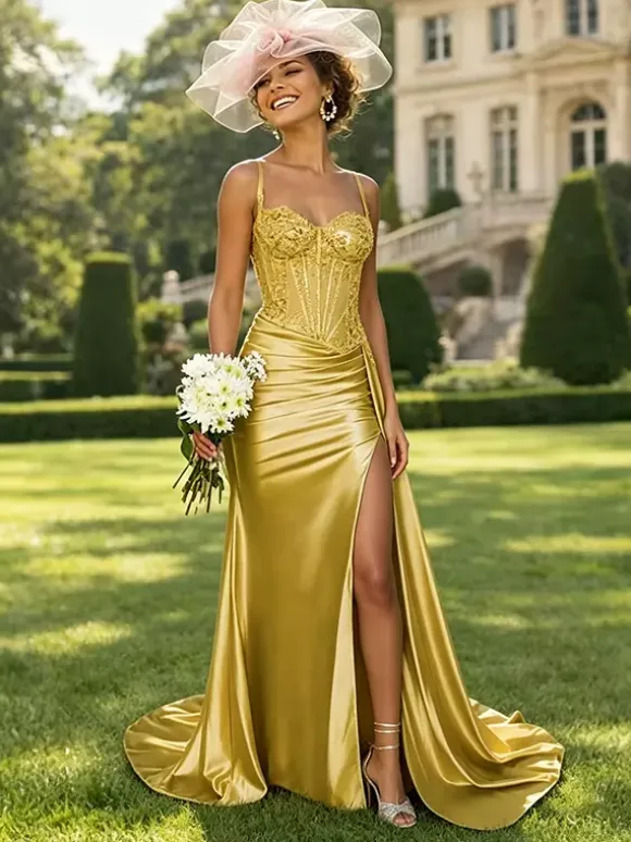 Olive Green Satin Mermaid Prom Dress Spaghetti Strap Beaded Sheer Corset High Slit Long Evening Gown