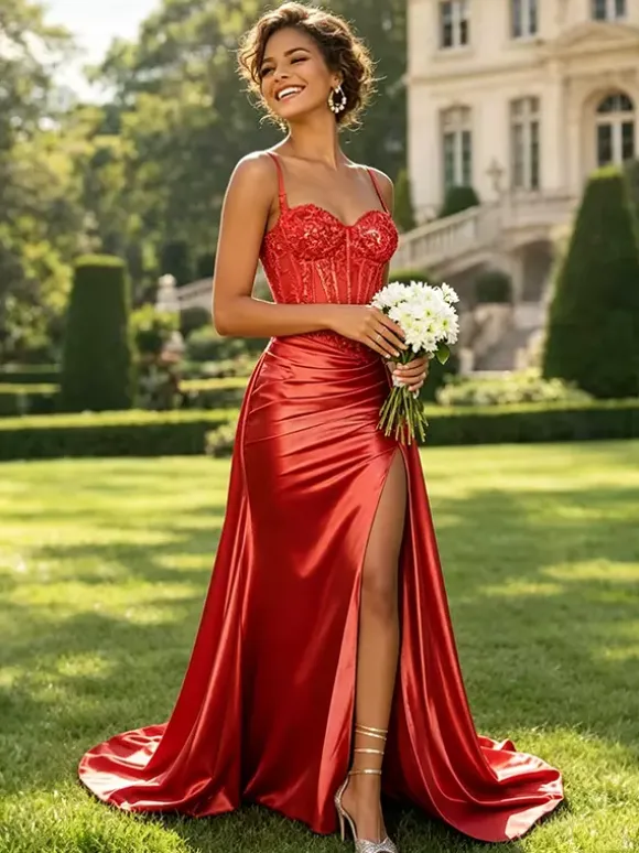 Olive Green Satin Mermaid Prom Dress Spaghetti Strap Beaded Sheer Corset High Slit Long Evening Gown