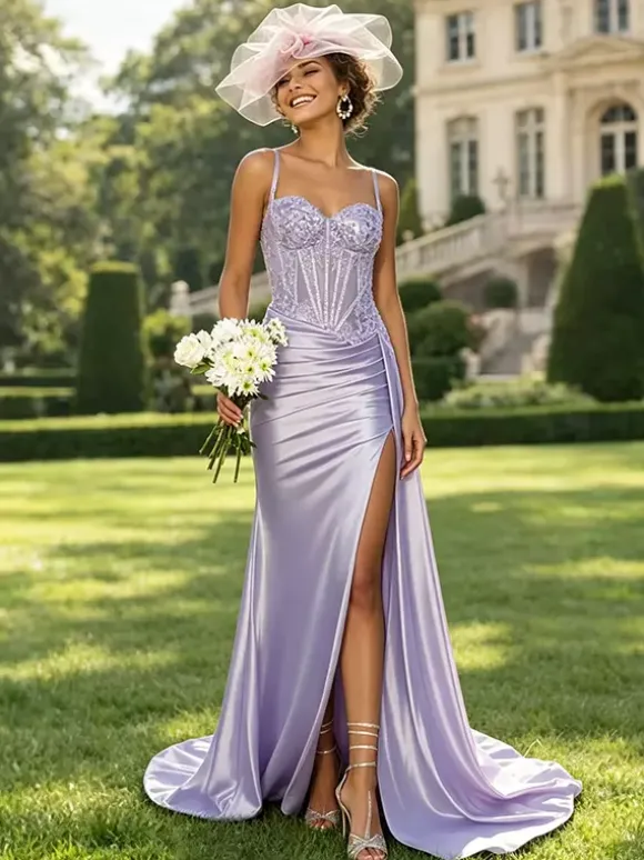 Olive Green Satin Mermaid Prom Dress Spaghetti Strap Beaded Sheer Corset High Slit Long Evening Gown