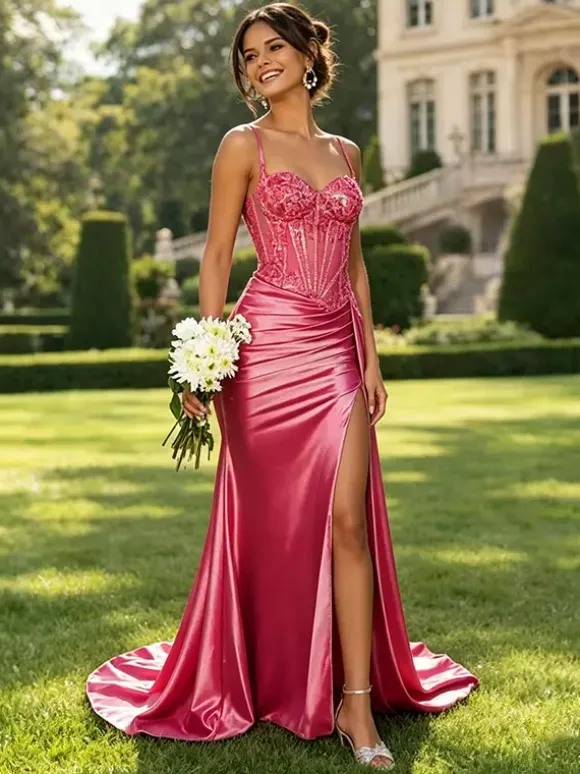 Olive Green Satin Mermaid Prom Dress Spaghetti Strap Beaded Sheer Corset High Slit Long Evening Gown