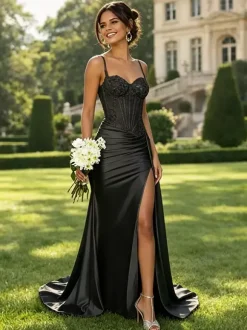 Olive Green Satin Mermaid Prom Dress Spaghetti Strap Beaded Sheer Corset High Slit Long Evening Gown