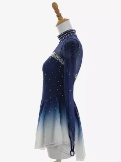 Ombré Deep Blue Figure Skating Dress Long Sleeve Rhinestone Mesh Competition Wear For Girls And Women