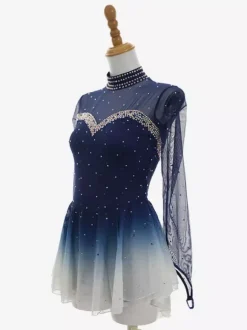 Ombré Deep Blue Figure Skating Dress Long Sleeve Rhinestone Mesh Competition Wear For Girls And Women