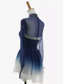 Ombré Deep Blue Figure Skating Dress Long Sleeve Rhinestone Mesh Competition Wear For Girls And Women