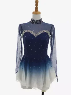 Ombré Deep Blue Figure Skating Dress Long Sleeve Rhinestone Mesh Competition Wear For Girls And Women