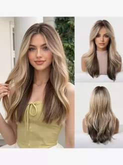 Ombre Dark Root Long Loose Wave Synthetic Wig Curtain Bang Pastel Color Hair Wig