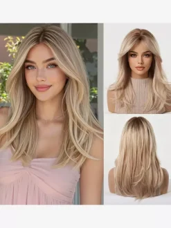 Ombre Dark Root Long Loose Wave Synthetic Wig Curtain Bang Pastel Color Hair Wig