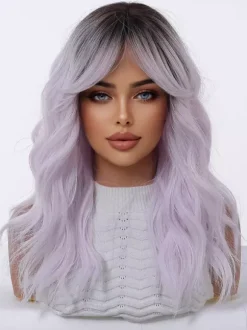 Ombre Dark Root Long Loose Wave Synthetic Wig Curtain Bang Pastel Color Hair Wig