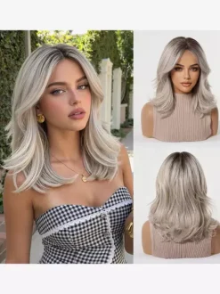 Ombre Dark Root Long Loose Wave Synthetic Wig Curtain Bang Pastel Color Hair Wig