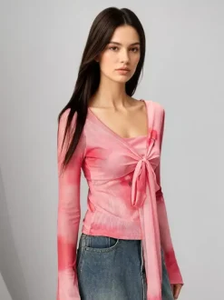 Ombre Tie Dye Square Neck Layered Look Front Tie Flare Long Sleeve Crop Top