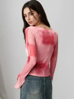 Ombre Tie Dye Square Neck Layered Look Front Tie Flare Long Sleeve Crop Top