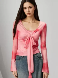 Ombre Tie Dye Square Neck Layered Look Front Tie Flare Long Sleeve Crop Top