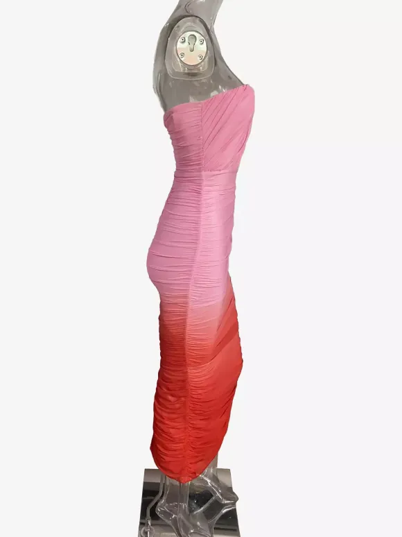 Ombre Strapless Maxi Dress for Women - Peach Ruched Bodycon Tube Dress with Back Slit - Summer Resort Wear 2026