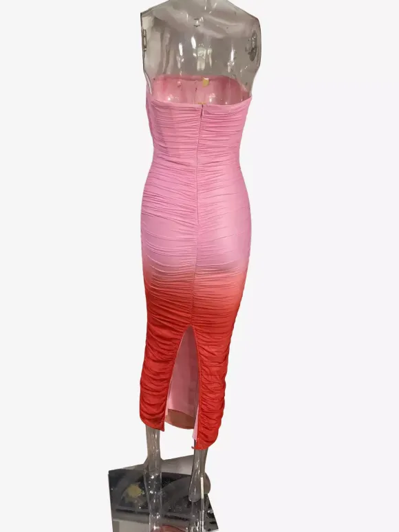 Ombre Strapless Maxi Dress for Women - Peach Ruched Bodycon Tube Dress with Back Slit - Summer Resort Wear 2026